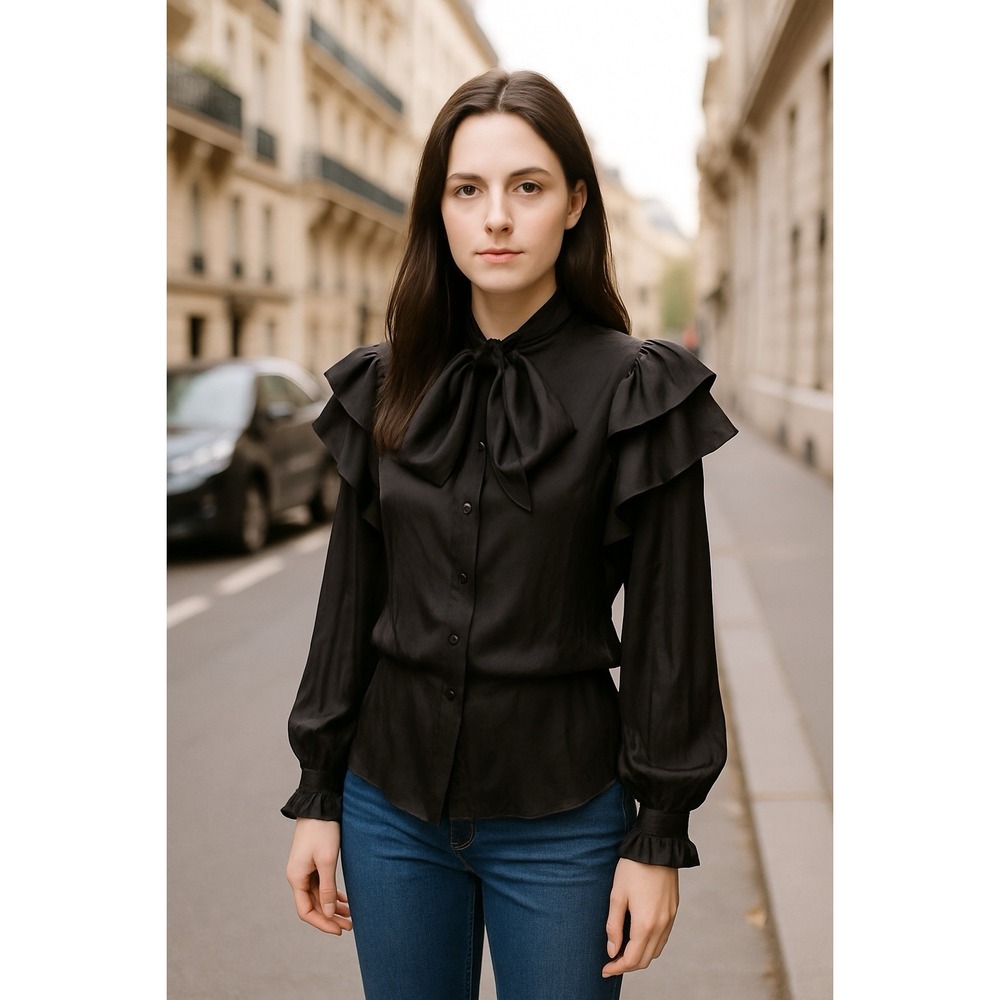 TOV Los Angeles Blouse Womens 40 M Black Stella Shimmer Gothic Lolita Flared Hem